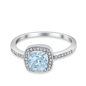 Halo Accent Engagement Ring Simulated Aquamarine CZ 925 Sterling Silver